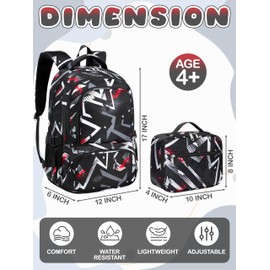 BLUEFAIRY Kids Backpack with Lunch Box for Girls Boys Elementary Primary Middle School Bag with Lunch Bag Set 17 Inch Bookbag Mochilas Escolares para Niñas Niños (Geometric, Black)