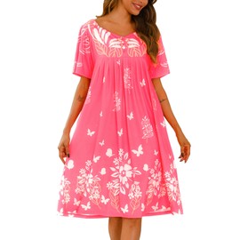 Marvmys Muu Muu Nightogwns for Women with Pockets Short Sleeve House Dress Grandma Lounger Dress Floral Print Patio Dress Moo Moo Dress for Ladies Pink XXL