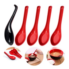 Pack of 5 Soup Spoons Chinese Style with Hooks Plastic Noodle Soup Spoon Long Handle Serving Spoon Non-Toxic Easy Care for Home, Restaurants, Offices, Buffets, Canteens, Hotels etc. Red + Black
