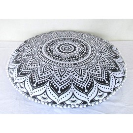 CRAFT KALA 32" in Round Mandala Floor Pillow Cushion Cover Seating Throw Cover Hippie Decorative Bohemian Ottoman Poufs Pillow Cover Cases Boho Cotton Living Yoga Home Décor Room (Grey Ombre)