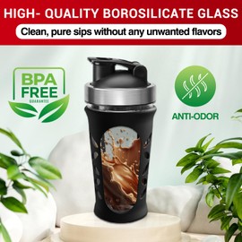 Tilcore Glass Protein Shaker Bottle for Protein Mixes and Shakes - 635ml 20oz, BPA-Free Shake Bottle, Leak-Proof Glass Shaker Blender - Mixer for Gym, Durable Shaker