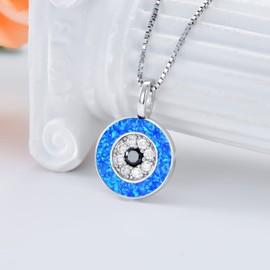 PEIMKO Evil Eye Pendant Necklace for Women 925 Sterling Silver Greek Protection Jewelry Amulet Gift for Mom（Blue Opal）
