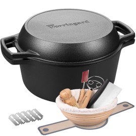 VORRINGARD Pre-seasoned Cast Iron Double Dutch Oven Pot with Skillet Lid, Dual-handle, for Bread Baking, Outdoor, Campfire Cooking, include Sourdough Bread Baking Supplies like Banneton Bread Proofing Basket, 5 Quart