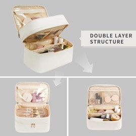 Onilife Double Layer Travel Makeup Bag, Portable Cute Cosmetic Bag Large Make Up Organizer Case Toiletry Bag for Women Girls with Handle and Removable Divider, Beige