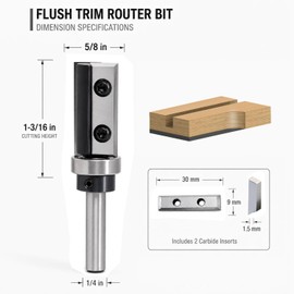 SICWOOD Flush Trim Router Bit 1/4 Inch Shank, 5/8 Inch Dia Pattern Bit with 2 Reversible Carbide Inserts, 1-3/16 Inch Cutting Height for Template Routing, Woodworking and Edge Trimming