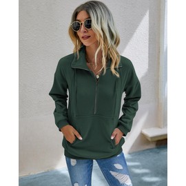 PRETTYGARDEN Women's Casual Long Sleeve Lapel Zipper Sweatshirt Drawstring Loose Pullover Tops (Dark Green, Medium)