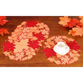 GRANDDECO Thanksgiving Placemats Set of 4 Washable Round Applique Cutwork Embroidered Maple Leaves Table Mats for Dining Table, 14 inch (4pcs placemats, Orange Red, Maple Leaves-1)