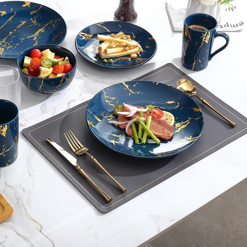 Loymokinar Modern Porcelain 16 Piece White and Gold Dinnerware Set,