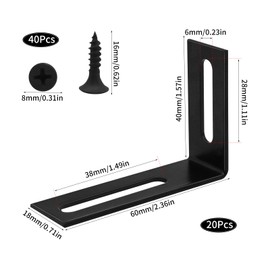 WYYFXY® Pack of 20 Angle Connectors, Black, L Angle Slotted Hole 60 x 40 mm, Metal Angle, 90 Degree Corner Bracket, Stainless Steel Mounting Angle with Screws for Table, Bookcase, Cabinets