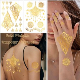 9 Sheets Gold Metallic Temporary Tattoos,110+ Shimmer Glitter Designs Floral, Mandala,necklaces,Waterproof Long Lasting Body & Face Art Sticker for Women & Girls, Festival, Party, Beach, Cosplay
