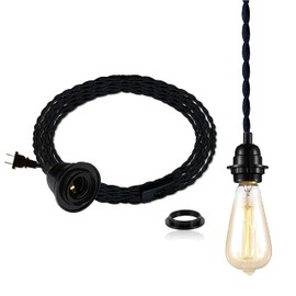 YIKEGE LICHT DIY 15ft Plug in Black Pendant Light Cord Farmhouse Vintage Ceiling Hanging Fabric Lamp Cord Kit Twisted Hemp Rope Switch E26 Socket Set Lighting Cable for Kitchen Living Room Corner