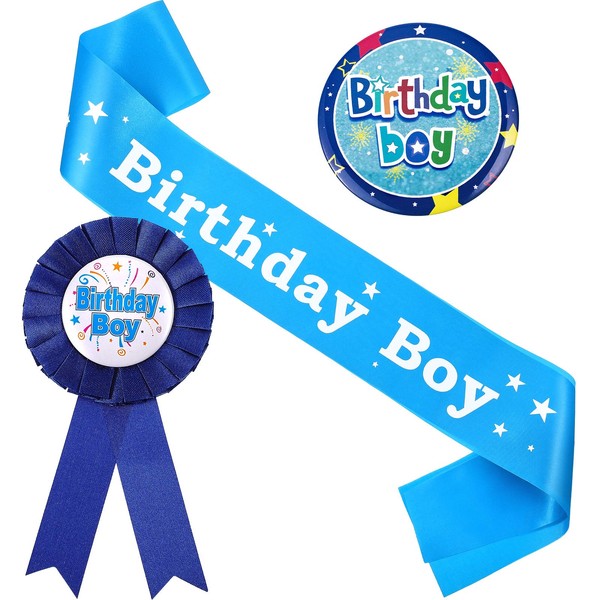 Birthday Boy Decorations Set Includes Birthday Boy Holographic Badge, Birthday Boy Award Ribbon Badge and Blue Birthday Boy Sash for Kids Boy Party Supplies