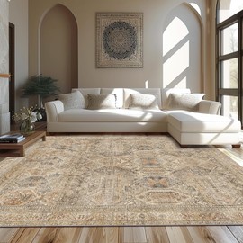 Bavni Area Rug 8x10 Machine Washable Vintage Distressed Print Ultra-Thin Chenille Bedroom Living Room Accent Rug, Low Pile Lightweight Non Slip with Gripper, Wood