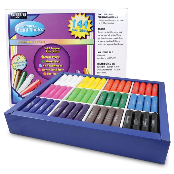Sargent Art 144ct Classroom Set, 12 Assorted Colors,Kids, Super Quick Drying, Works Great on Paper Wood Glass Ceramic Canvas