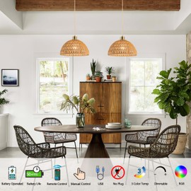 Nekhung Battery Operated Pendant Light with Remote-Battery Chandelier Handwoven Rattan, Battery Hanging Light 50+Hours Long Life USB Rechargeable Light Bulb,Perfect for Kitchen Island Light