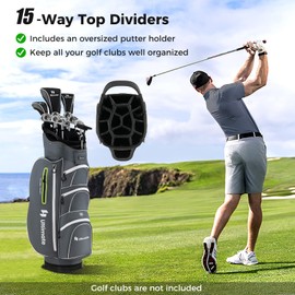 ULTIMATE Golf Cart Bag w/ 15-Way Top Dividers, Lightweight Portable Golf Club Bag w/Individual Putter Holder, Rain Hood, Padded Shoulder Strap, 7 Pockets, Cooler Bag & Umbrella Holder (Gray-Green)
