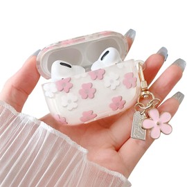 MINSCOSE Compatible with AirPods Pro Clear Case,Cute Cartoon Flower Pattern Design with Floral Keychain, Soft TPU Protective Shockproof Case for AirPod Pro for Girls Women-Pink