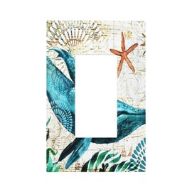 Blue Nautical Whale 1-Gang GFCI Single Device Decora Wall Plate Decorator Rocker Outlet Light Switch Cover Faceplate Teal Ocean Underwater Animals Humpback Vintage Navigation Map Adventure Room Decor