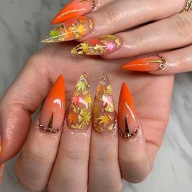 24Pcs Fall Press on Nails Long Almond Orange Fake Nails with Maple Leaves Designs Gradient Orange Nails Press ons Gel Acrylic Glue on Nails Glitter Gold Foil Stick on Nails for Women Manicure