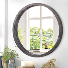 JJUUYOU Circle Wall Mirror 16 Inch Wooden Round Wall Mirror for Bathroom Vanity Gray Circular Mirror Washroom Wall Mounted Wood Frame Make up Mirror for Living Room Bedroom Dorm
