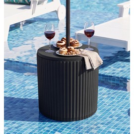 Outdoor Round Umbrella Side Table,3-in-1 Multi-Functional Use,Black