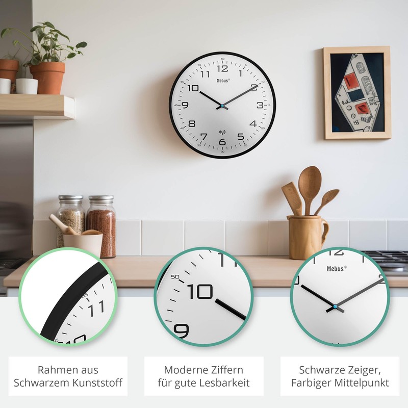 Mebus Radio Controlled Wall Clock 30cm Silent Black Frame White