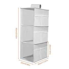 Hanging Wardrobe Storage Organiser, 3 Shelves Hanging Storage Foldable Wardrobe Closet Organiser with 9 Side Pockets, Washable hanging Closet storage Shelves for Clothes Bag Shoes, Grey(60x30x22cm)