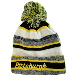 Pittsburgh 4-Color Embroidered Adult Size Thick Winter Knit Pom Beanie Hat (Gold Script)