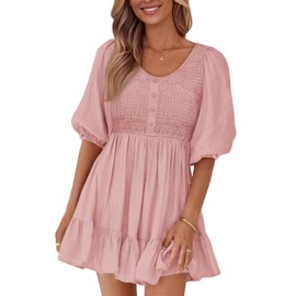 BTFBM Spring Empire Waist Dress for Women 2025 Summer Smocked Crewneck Puff Short Sleeve Beach Vacation Mini Dresses(Pink, Small)