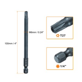 HARFINGTON 3pcs T27 Torx Screwdriver Bit 1/4" Hex Shank 4" Long S2 Steel Magnetic 6 Point Screw Driver Bits Industrial Grade Tamper Proof Star Drill Bits with Hole Torx Head