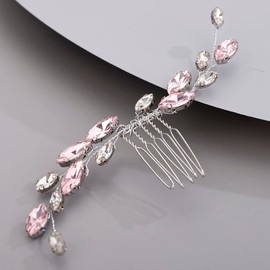 Chargances Bridal Rhinestone Hair Comb Wedding Pink Crystal Hair Vine Comb Vintage Handmade Hair Accessories for Bridesmaid Prom Flower Girls (Pink)