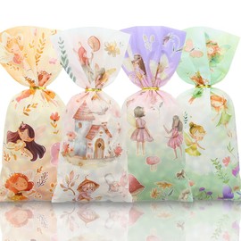 Fairy Candy Treat Bags, 50 Pcs Goodie Bags, 4 Style Beautiful Floral and Fairy Motifs Cellophane Gift Wraps with Gold Twist Ties