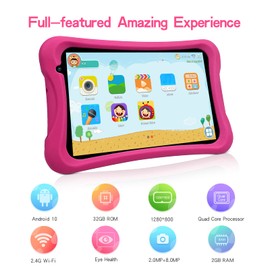 PRITOM Children Tablet 8 Inch, Android 10 Tablet for kids, Parental Control, 4000 Mah, 32GB ROM, expand to 512G, 4000Mah, Eye Protection, WiFi, Dual Camera, Children Tablets with Case(Pink)