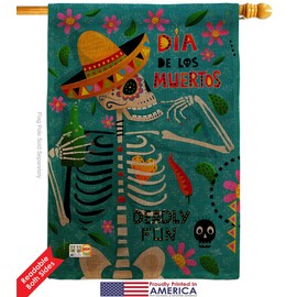 Dia de Muetos Fun Burlap House Flags Pack Falltime Day of Dead Los Muertos Fiesta Mexican Party Autumntime USA Vintage Applique Small Decorative Gift Yard Banner Double-Sided Made In 28 X 40