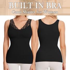 Miguofan Shapewear Tank Tops for Women Tummy Control Shaper Cami with Built In Bra Lace Slimming Camisole Compression Tanks (Black,Large)