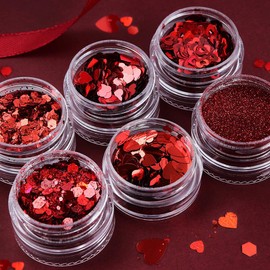 Red Nail Glitter Powder Heart Nail Sequins 6 Jars Valentine Love Heart Nail Art Flakes Powder Kit for Acrylic Valentine Christmas Nails Decorations DIY Crafts