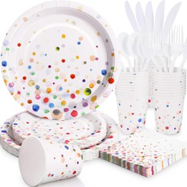 Colorful Birthday Plates and Napkins-Gudvilla 168PCS Confetti Plates Disposable Tableware Serve 24,Happy Birthday Party Plates Set for Art Paint Party Supplies Bubble Decorations-Colorful Paper Plates