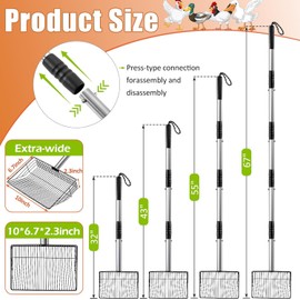 Chicken Poop Scooper, SUVEUS 10 inch Stainless Steel Coop Scoop, Adjustable 32"-67" Long, 5 in 1 Chicken Coops Shavings Shovel, Heavy Duty Sand Sifter Shovel