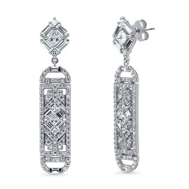 BERRICLE Sterling Silver Bar Cubic Zirconia CZ Vintage Inspired Art Deco Dangle Drop Earrings for Women, Rhodium Plated