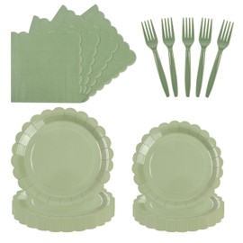 96PCS Sage Green Paper Plates and Napkins, 24 Guest Sage Green Disposable Tableware Set Include Scalloped Paper Plates Napkins and Forks Decoration Party Supplies for Baby Shower Wedding Birthday