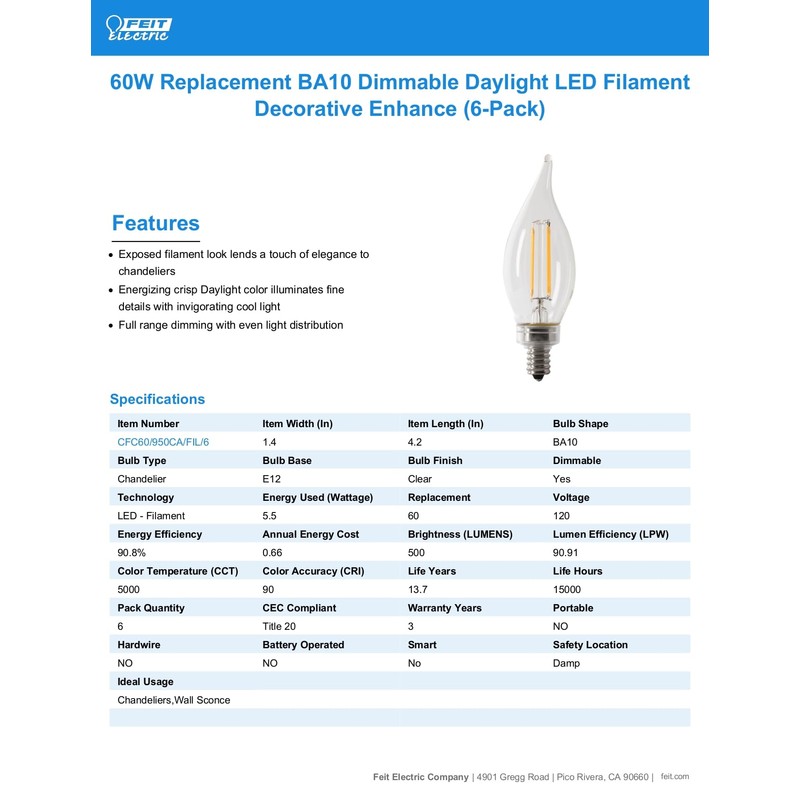 Feit Electric 60W Equivalent Candelabra LED Light Bulb, Dimmable, E12