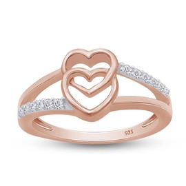 AFFY Round Cut White Cubic Zirconia Double Heart Promise Ring in 14k Rose Gold Over Sterling Silver Ring Size 11.5