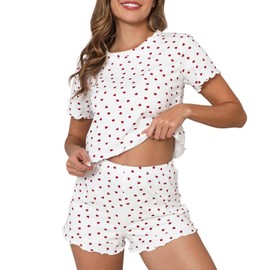 Pajamas for Women Set 2 Piece Cotton Loungewear Short Sleeve Tops and Shorts Soft & Comfortable Summer Pj Sets for Woman Cute Heart Print Sleepwear White L
