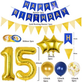 15th Birthday Decorations for Boy Girl, Gold and Blue 15 Year Old Party Decorations with Happy Birthday Banner, Triangle Flags, 40In Number 15 Foil Birthday Balloons, Star Balloons