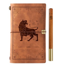 InnoBeta Leo Gifts, Leather Journal Notebook with Pen, Refillable Sketchbook, Travel Diary, Lined Planner, 7x5 Inches, Brown