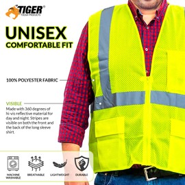 Reflective High Visibility Class 3 Compliant 6-Pocket Safety Vest (Size Medium) by Tiger Tough