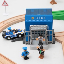 Wooden Train Tracks Accessories,Police Station Playset Creative City Scenes for Railway Accessories,Train Toys Expansion Pack for Toddler Kids