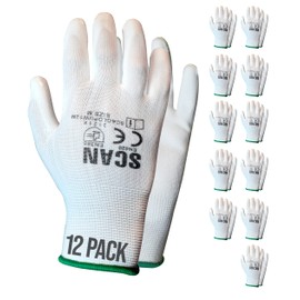 Scan SCAGLOPUW12M White PU Coated Gloves - Size 8 (12 Pairs)