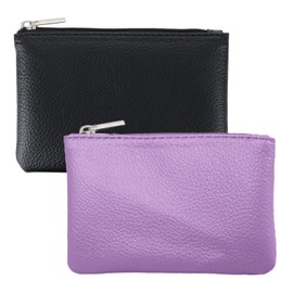 2 Pack Leather Zipper Coin Purse, Portable PU Leather Coin Purse,Mini Coin Pocket Pouch Change Holder, Coin Pouch with Zipper for Men Women Headset Credit Card ID Key Lipstick (Black&Purple)