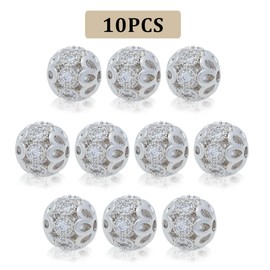 Yushang 10 PCS Flower Hollow Out Round Charm Spacer Beads, 8mm Brass White Zircon Pave Connector Loose Beads for Chain Bracelet Necklace DIY Jewelry Making Crafts(Silver)